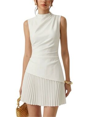 Commense White Asymmetrical Pleated Mini Dress XS NWT Mock Neck Sleeveless